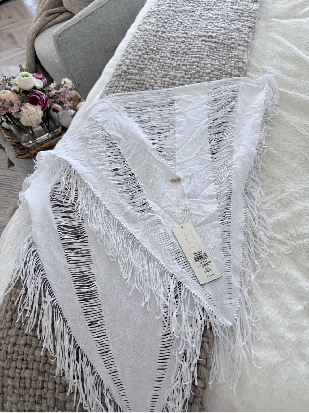 Beach Bunny White Fringed Knit Triangle cover up